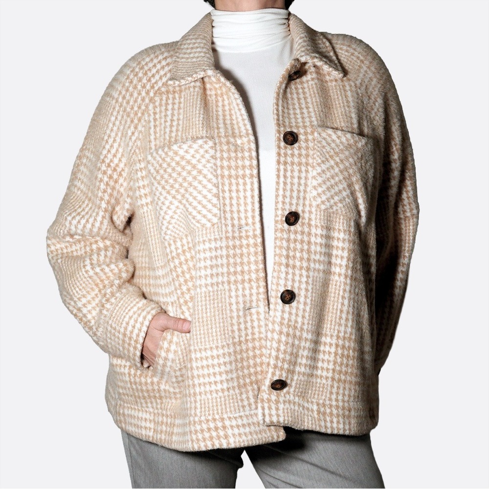 Greylin Cozy Houndstooth Shacket Jacket Tan Cream Plaid Oversized Plus 2X‎ XXL
